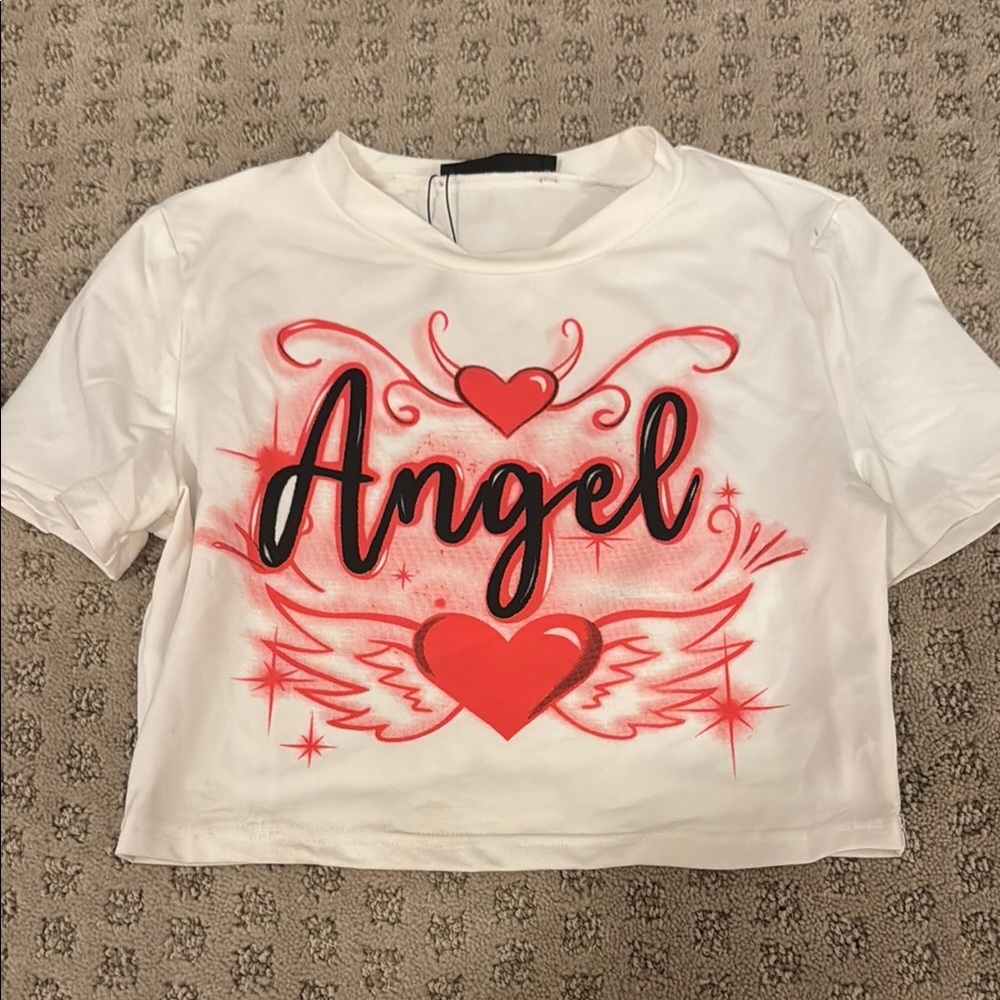 White and Red Graphic Crop Top